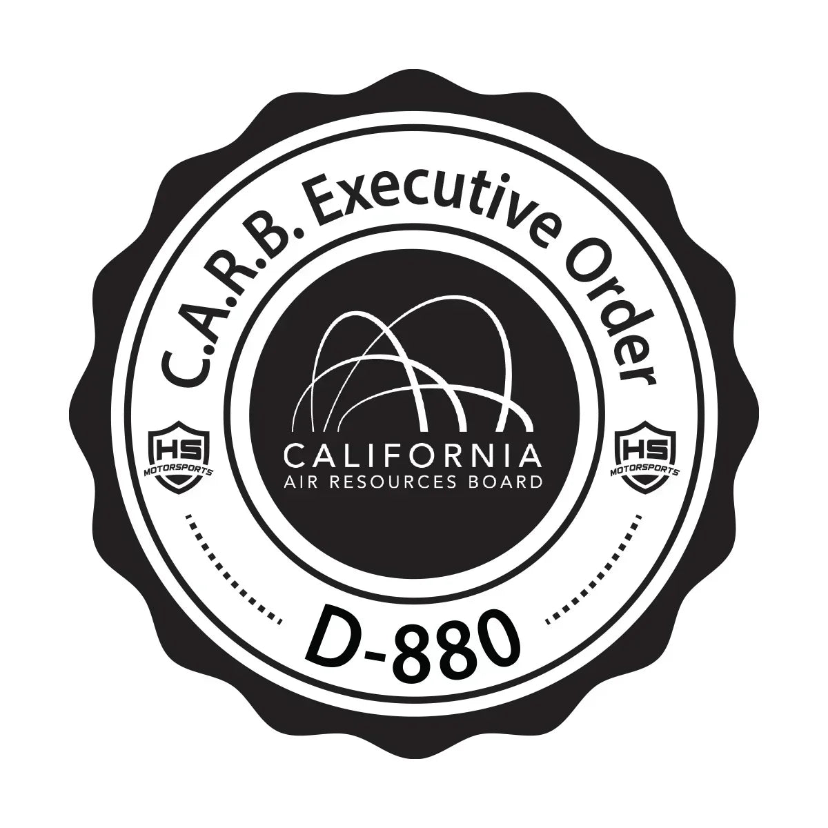 CARB Executive Order D-880 seal for H&S Motorsports, certifying compliance with California Air Resources Board emissions standards
