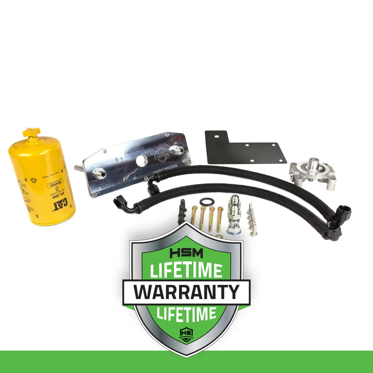 H&S Motorsports lower fuel filter upgrade kit for 2023–2024 Ford 6.7L Power Stroke shown with CAT filter and components, highlighted by a green HSM lifetime warranty badge.