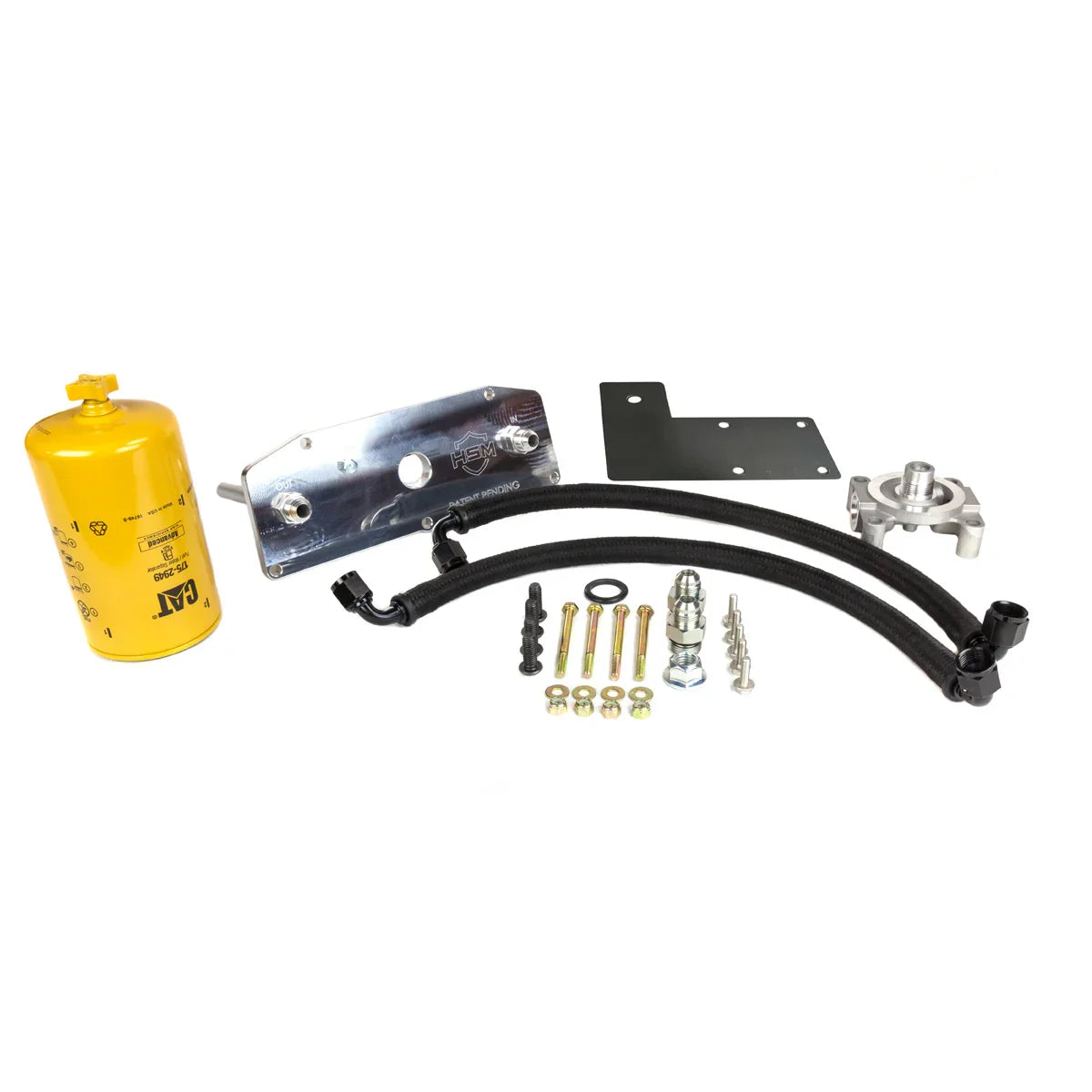 Complete H&S Motorsports lower fuel filter upgrade kit for 2023–2024 Ford 6.7L Power Stroke, featuring CAT filter, mounting hardware, hoses, adapter fittings, and billet bracket.