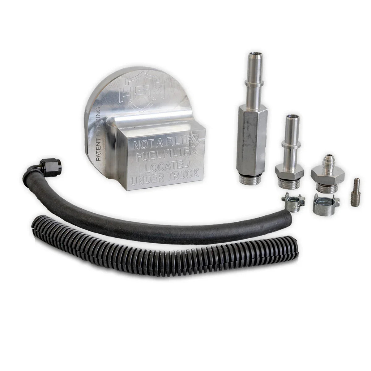 Complete 2011–2016 Ford 6.7L Power Stroke Upper Fuel Filter Bypass Kit with billet adapter, extended fitting, hose, protective sleeve, and installation hardware.