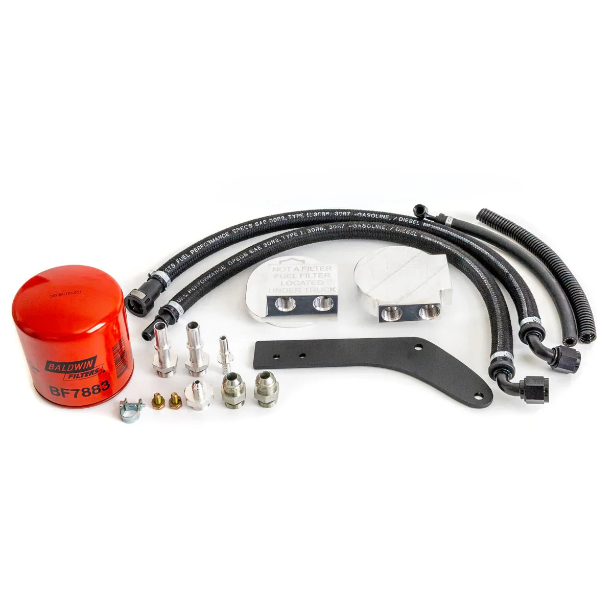 Complete H&S Motorsports fuel filter relocation kit for 2011–2016 Ford 6.7L Power Stroke, with Baldwin BF7883 filter, billet blocks, hoses, bracket, and fittings.