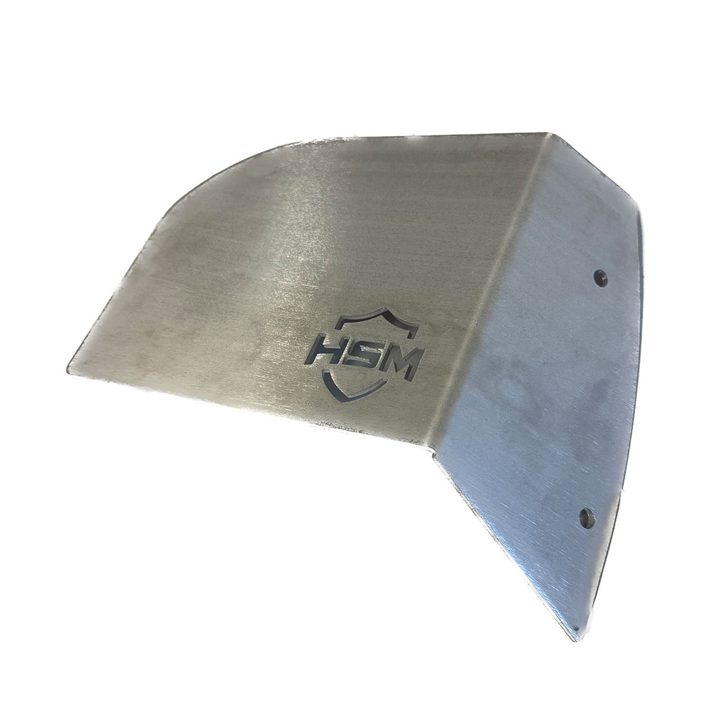 
                  
                    Angled view of unfinished aluminum HSM oil filter guard for Polaris RZR PRO R.
                  
                