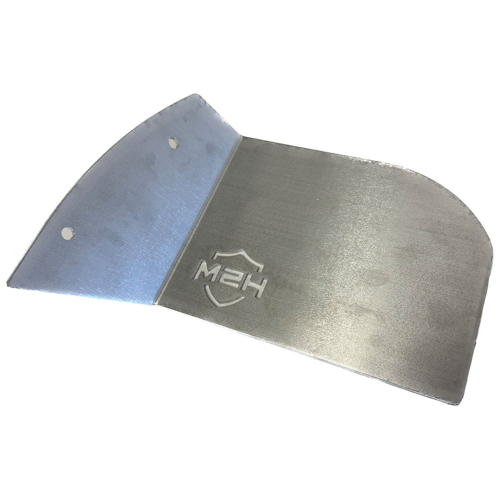 
                  
                    Rear side of raw aluminum HSM oil filter guard for Polaris RZR PRO R, showing backside detail and mounting holes.
                  
                