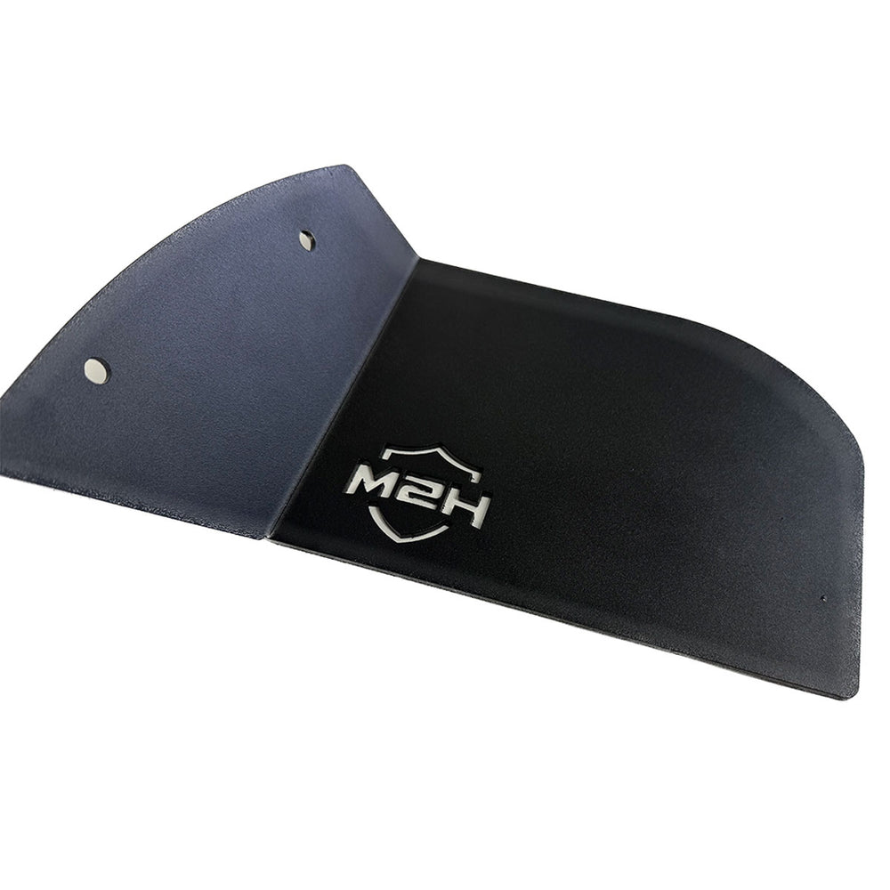 
                  
                    Backside view of black powder-coated HSM oil filter guard for Polaris RZR PRO R, showing mounting holes and reverse logo impression.
                  
                