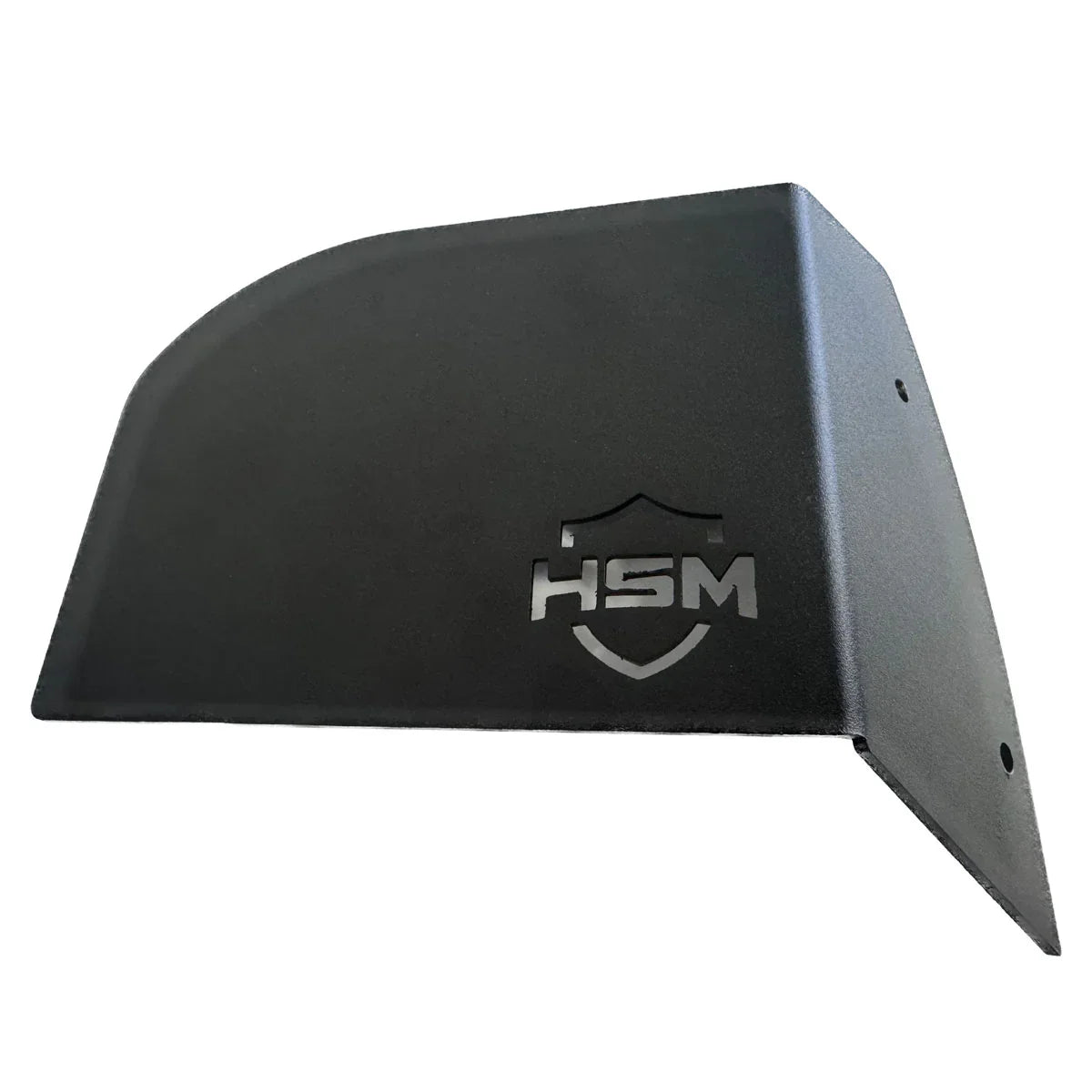 Angled view of black oil filter guard for Polaris RZR PRO R with HSM shield logo.