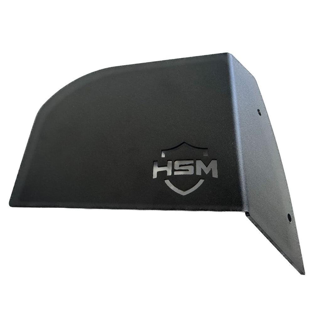 Angled view of black oil filter guard for Polaris RZR PRO R with HSM shield logo.