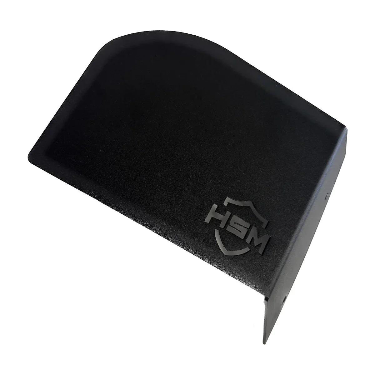 Close-up of HSM oil filter guard for Polaris RZR PRO R with curved edge design.