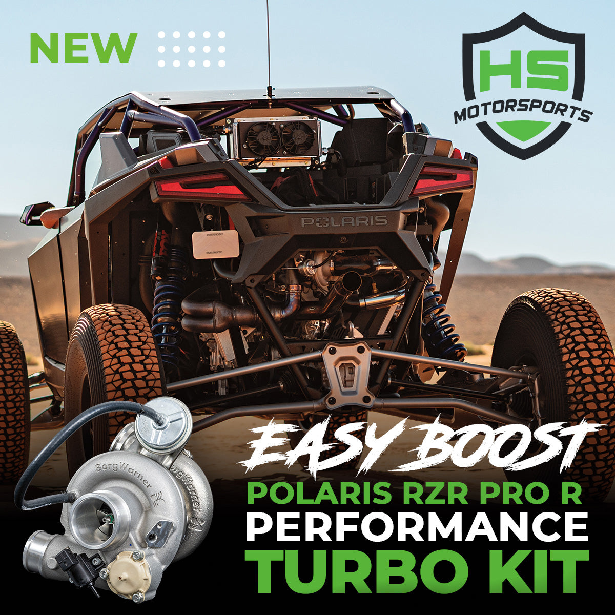 
                  
                    Marketing graphic showing the rear view of a Polaris RZR Pro R outfitted with the H&S Motorsports Easy Boost Turbo Kit, featuring the turbo and branding elements.
                  
                