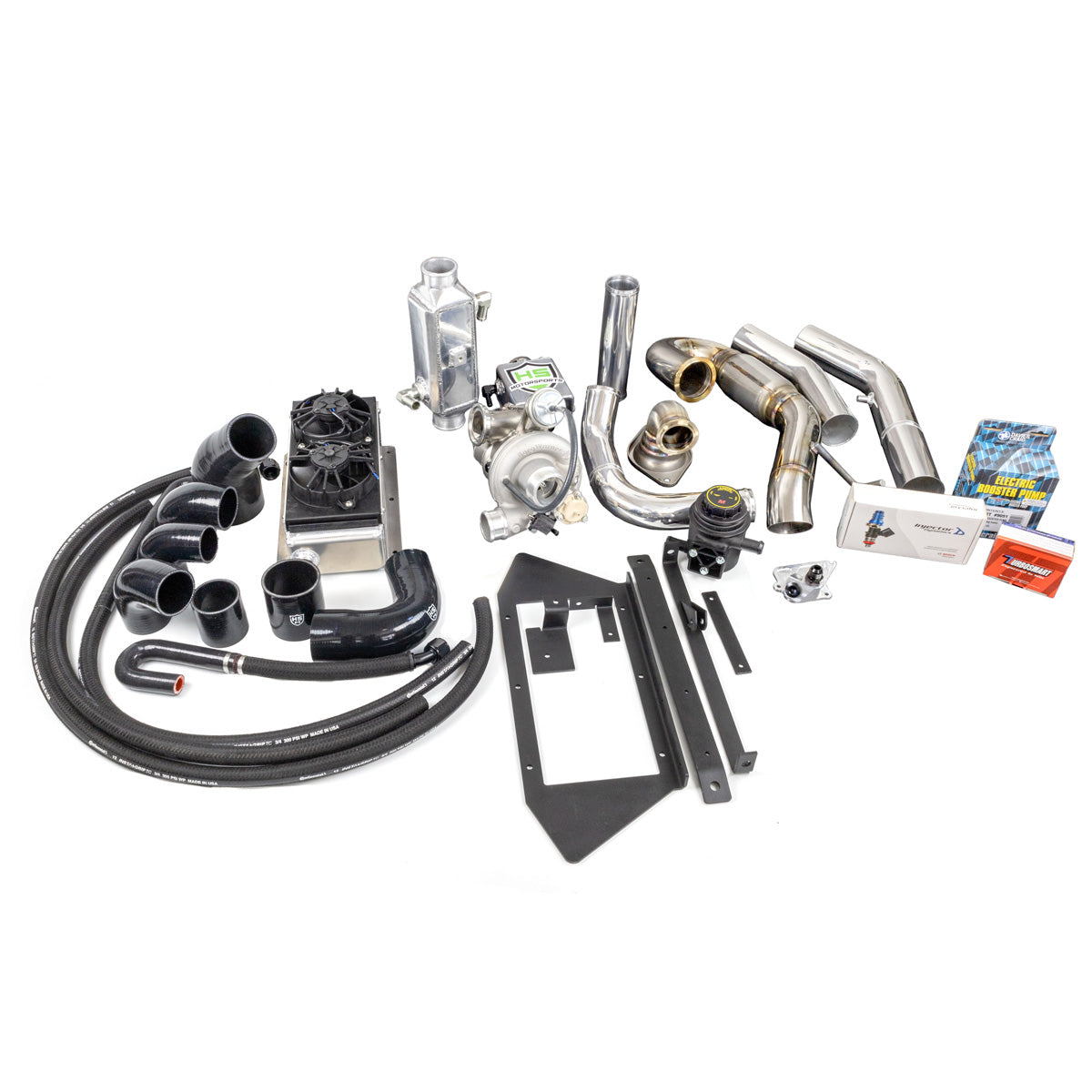 
                  
                    Components of the H&S Motorsports Easy-Boost Turbo Kit for Polaris RZR Pro R, including turbocharger, polished exhaust piping, black silicone hoses, intercooler with dual fans, mounting brackets, and performance parts arranged on a white background.
                  
                
