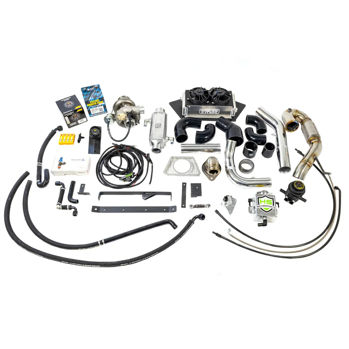 Complete H&S Motorsports Easy-Boost Turbo Kit for Polaris RZR Pro R, including turbocharger, intercooler, piping, wiring harness, hoses, clamps, brackets, and fittings laid out on white background.