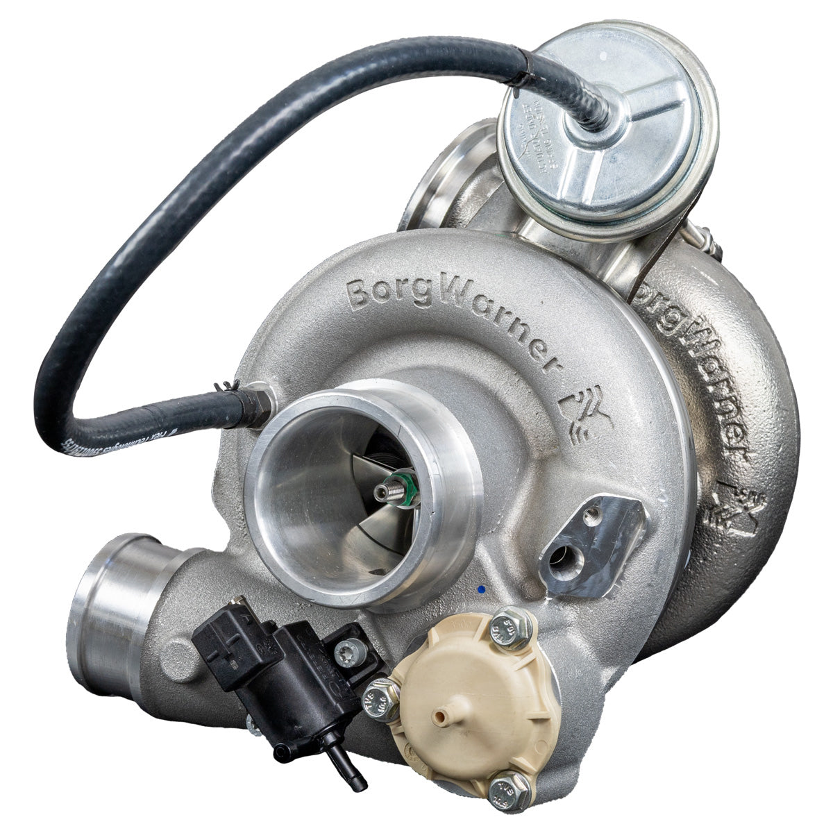 
                  
                    Close-up view of a BorgWarner turbocharger included in the H&S Motorsports Easy Boost Turbo Kit for Polaris RZR Pro R.
                  
                