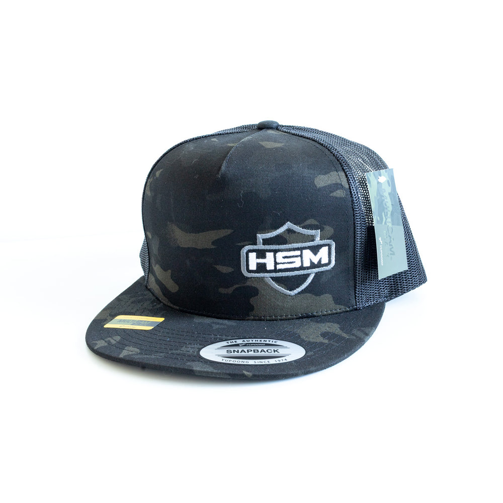 HSM Shield Logo Flat Brim Snapback – Black Camo