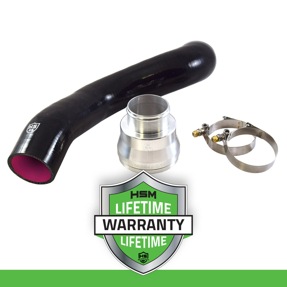 
                  
                    H&S Motorsports 6.7L Power Stroke Intercooler Upgrade Kit including black 5-ply silicone hose, billet aluminum adapter, and stainless T-bolt clamps with an image showing the HSM Lifetime Warranty emblem.
                  
                
