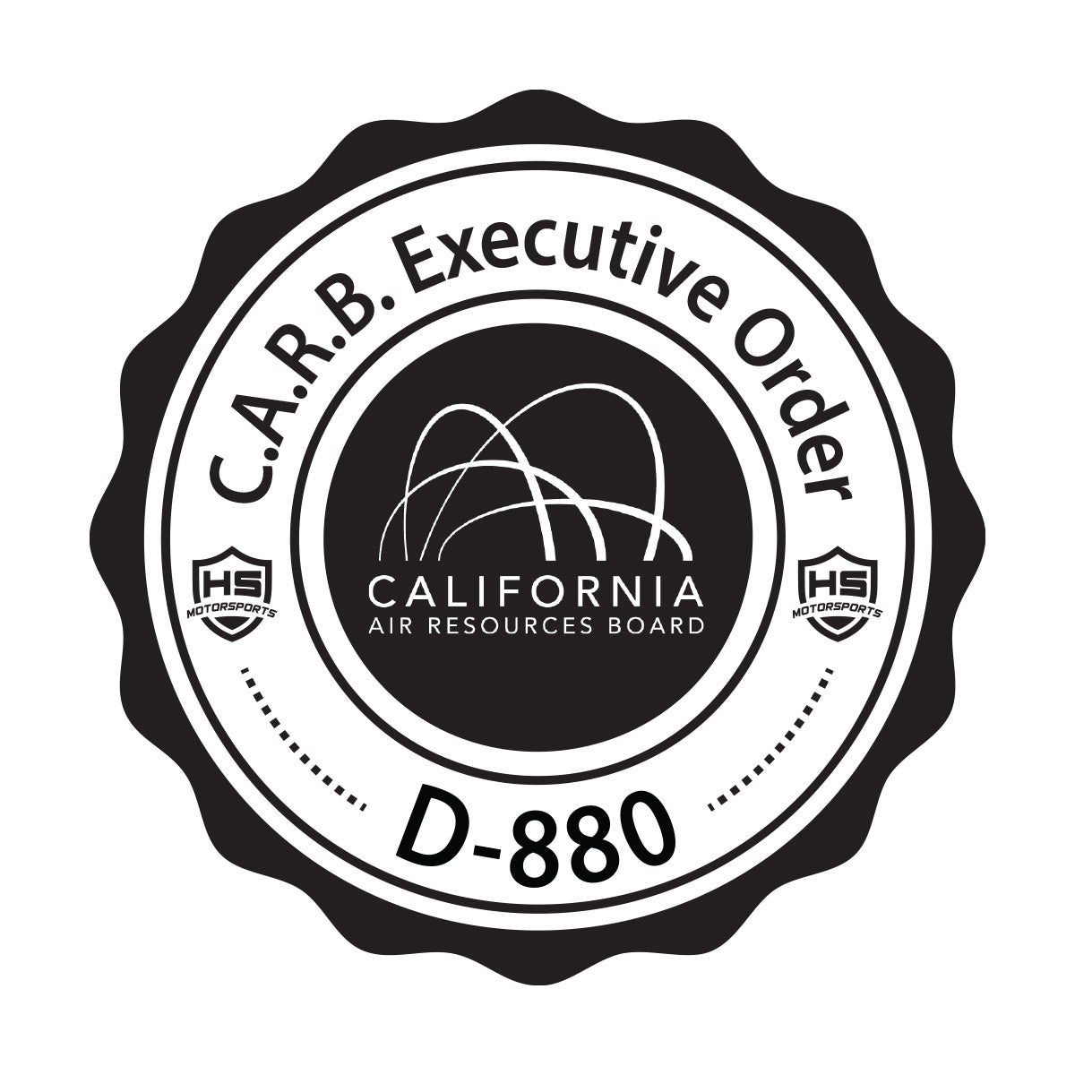 
                  
                    CARB Executive Order D-880 seal for H&S Motorsports, certifying compliance with California Air Resources Board emissions standards
                  
                
