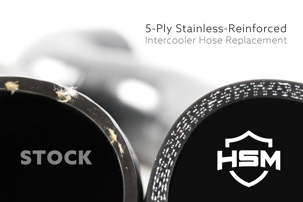 
                  
                    Close-up comparison of stock intercooler hose vs H&S Motorsports 5-ply stainless-reinforced hose with labeled cross-sections
                  
                