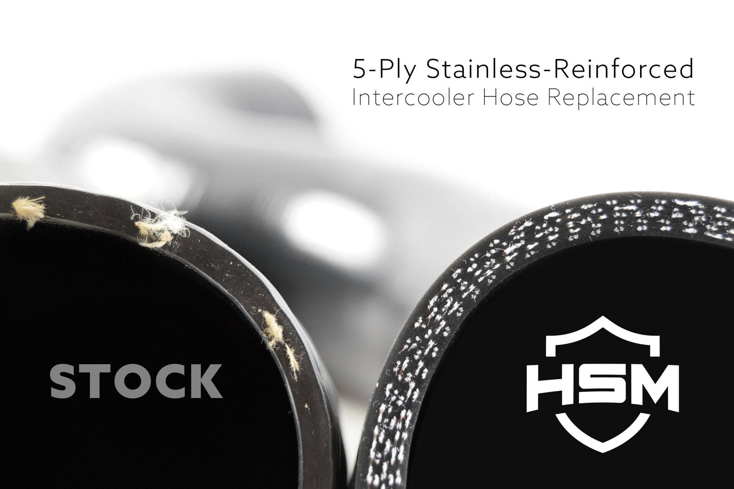 
                  
                    Close-up comparison of stock intercooler hose vs H&S Motorsports 5-ply stainless-reinforced hose with labeled cross-sections
                  
                