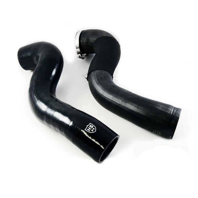 
                  
                    Side-by-side comparison of H&S Motorsports silicone intercooler hose versus OEM factory hose for 6.7L Power Stroke
                  
                