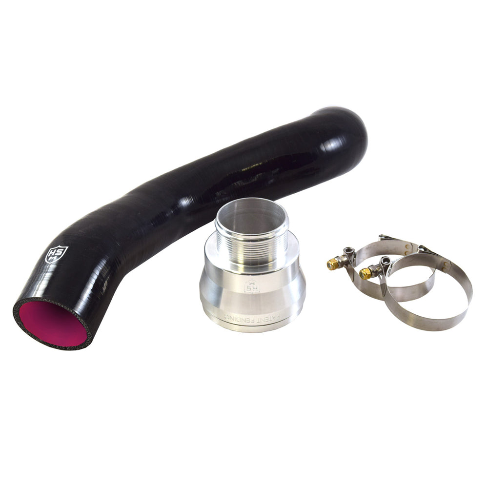 
                  
                    H&S Motorsports 6.7L Power Stroke Intercooler Upgrade Kit including black 5-ply silicone hose, billet aluminum adapter, and stainless T-bolt clamps
                  
                