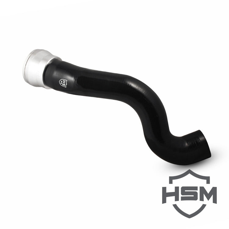 
                  
                    H&S Motorsports cold-side intercooler pipe with billet adapter for 6.7L Power Stroke, shown in black silicone with HSM logo
                  
                